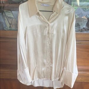 Zara Cream Long Sleeve Button Down Shirt